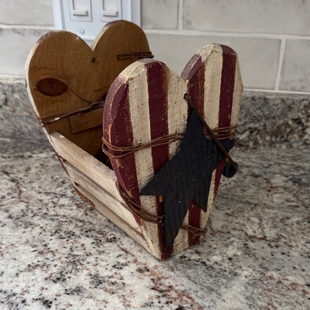 Rustic Wooden Heart Basket with Star Accent